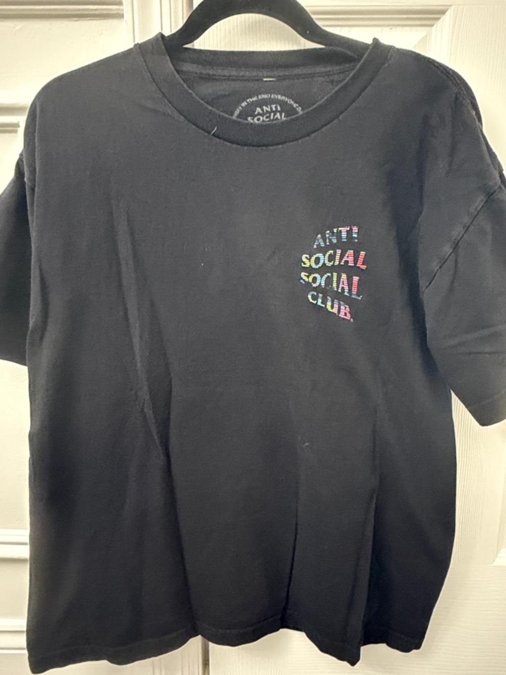 Anti Social Social Club Black Tee with Rainbow Text Chest Logo